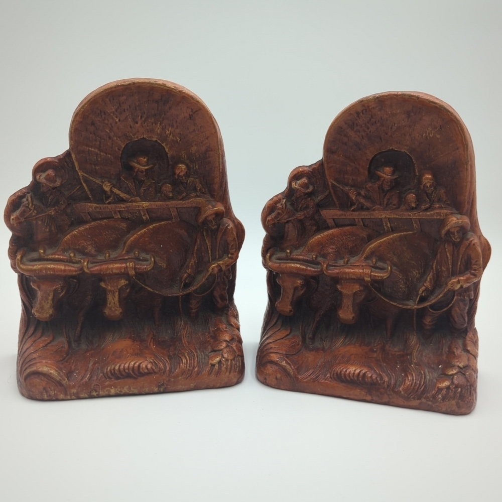Vintage Wagon Pioneer Wood Bookends Horses Steer Cowboys Western Theme
